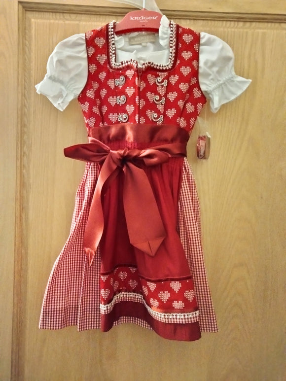 47311  LB 25 Krueger  Trachten Girl Dirndl DressRed / white cross stitch hearts design with matching red apron 3 pc.