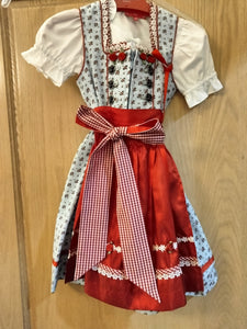 41821  LB 21 Krueger  Trachten Girl Dirndl DressRed / white cross stitch hearts design with matching red apron 3 pc. - German Specialty Imports llc