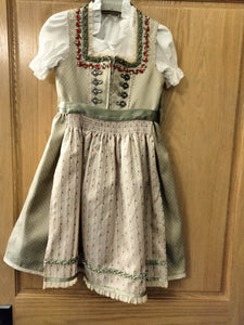 48131 LB 7 Krueger Beautiful light green  Trachten Girl Dirndl Dress with pink Apron with red rose design   3 pc. - German Specialty Imports llc