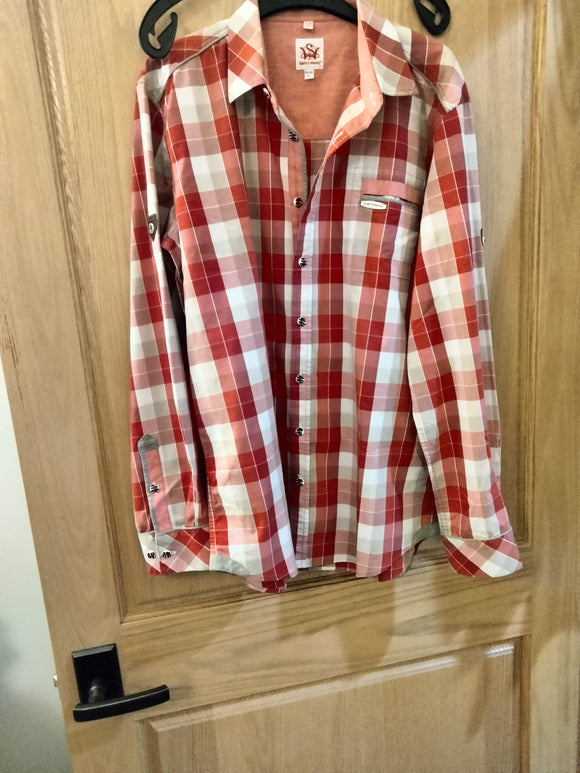 Red / Beige checkered Spieth & Wenske Men Trachten Shirt with intersting detail in should and neck and cuff - German Specialty Imports llc