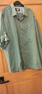 39320 OS Trachten Dark green  / White checkered Men Trachten Shirt regular  fit with brown embroidery and pewter Edelweiss decor in the  front