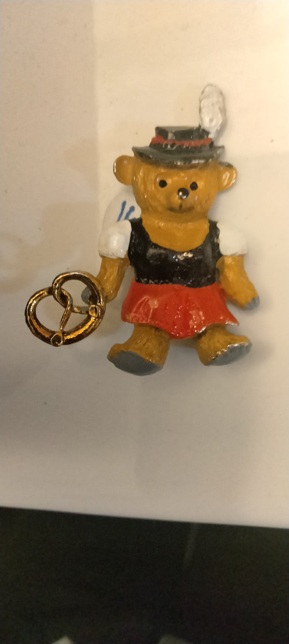 Colored Pewter Bear in Dirndl with pretzel Hat pin / Brooch