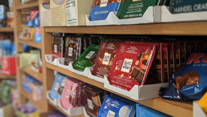 Store View of a selection of German Ritter Sport Chocolate and German Candy