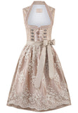 A sleeveless beige and champagne-colored dress with intricate lace embroidery, a lace-up corset-style bodice, and a wide waist tie with bow.