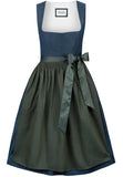 Traditional German dirndl with blue bodice and green skirt on a white background