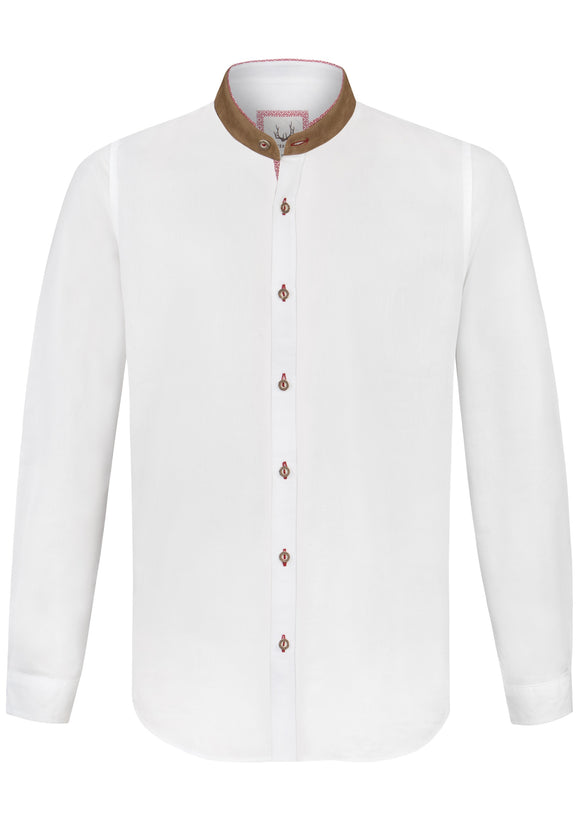 Adamo  White Stockerpoint Men Trachten Shirt with brown Standup collar an details in different  colors - German Specialty Imports llc