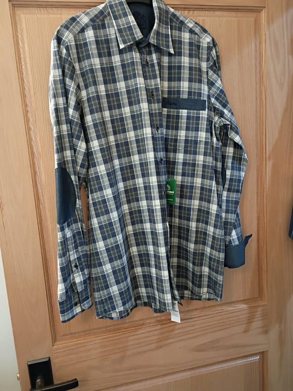 Men Trachten Shirt Blue white  large checkered with blue design at cuffs ad collar and chest pocket - German Specialty Imports llc