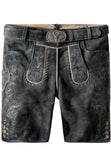 Distressed black leather shorts with traditional German Lappen-style embroidery, contrast tan stitching, and a matching leather belt with a large decorative buckle.