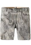 Gray leather lederhosen shorts with white contrast stitching, floral tooling embroidery, and a matching gray leather belt with a silver concho buckle.