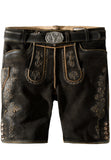 Black leather shorts with decorative stitching and a belt on a white background