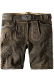 Dark brown leather lederhosen shorts with intricate floral tooling, a matching leather belt, and a decorative metal buckle, shown against a plain white background.