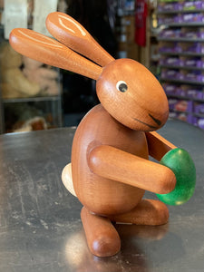 Ore mountain Hand made  Wooden Tall Easter Bunny Holding Egg Green 4.75" - German Specialty Imports llc
