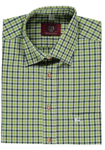 Os Trachten Light Green and Dark  blue  and  White big  Checkered  Men Trachten  Shirt and embroidered Deer on front pocket - German Specialty Imports llc
