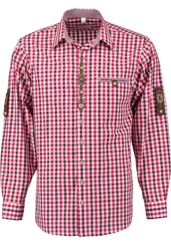 OS red purple and white checkered Men Trachten Shirt with embroidery - German Specialty Imports llc