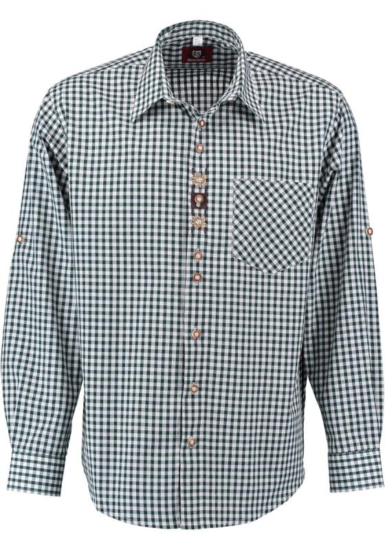 38567 OS Green and white checkered Men Trachten Shirt with Edelweiss embroidery on the tab - German Specialty Imports llc