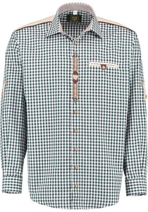 420032-2602/57 OS Dark Green and white checkered Men Trachten Shirt with Edelweiss Flower embroidery and beige shoulder design - German Specialty Imports llc