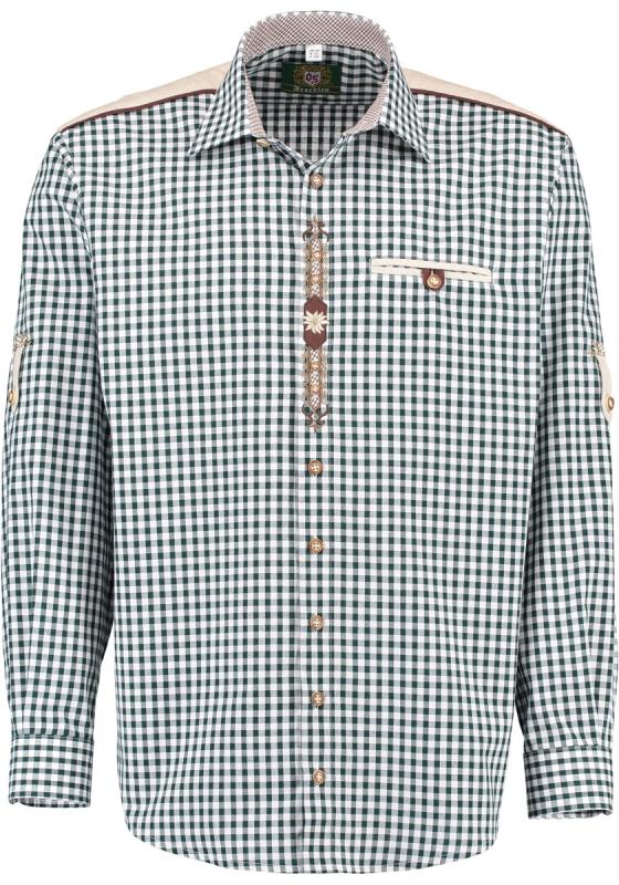 420032-2602/57 OS Dark Green and white checkered Men Trachten Shirt with Edelweiss Flower embroidery and beige shoulder design - German Specialty Imports llc