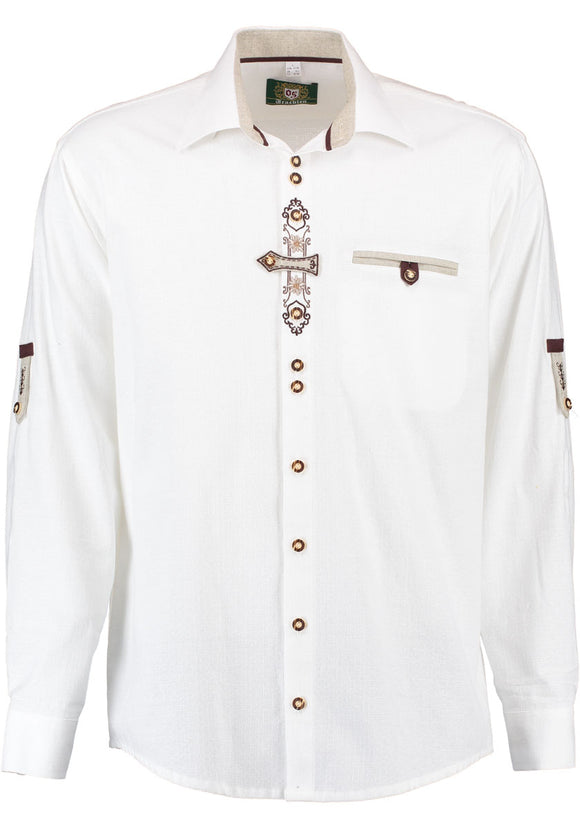 420037-3003 OS White Linnen Style Men Trachten Shirt with Embroidery and brown decore - German Specialty Imports llc