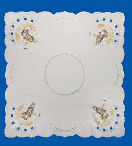 137-1C3 Embroidered  Cut Out Square Easter Table linen with Bunny, Flowers and Easter eggs in  cream withbrown and yellow tones - German Specialty Imports llc