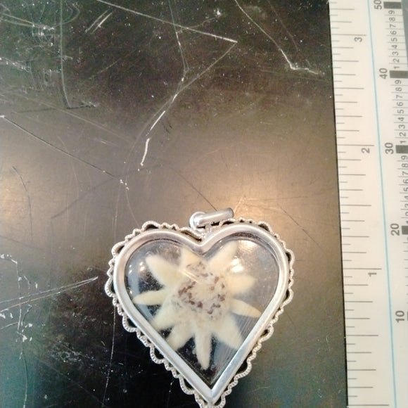 Edelweiss Heart Pendant with filigree edging and clear background - German Specialty Imports llc