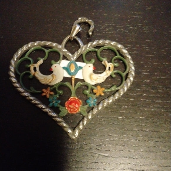 German Hand painted  Pewter Heart Ornament with 2  Birds - German Specialty Imports llc