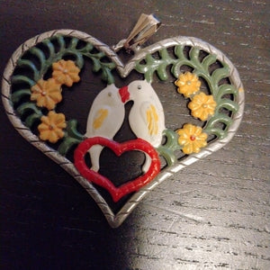 German Hand painted  Pewter Heart Ornament with 2 Kissing Birds - German Specialty Imports llc