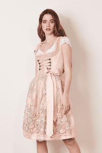 2 pc Festive Krueger Jolene  Collection Dirndl  pink with Beautiful pearl  decorated matching Lace Apron - German Specialty Imports llc