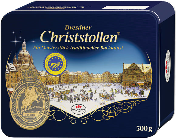 201849 Dr. Quendt Original Dresden Christmas Stollen in Tin Gift Box 17.6 oz - German Specialty Imports llc