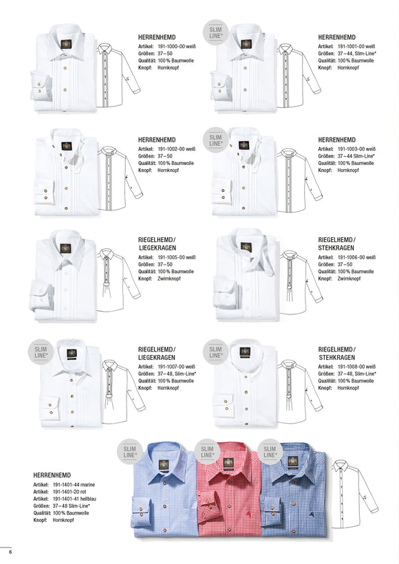 Slim Line 191-1001-00  Hammerschmid White  Men Liegekragen  Trachten Shirt with Bone  Buttons - German Specialty Imports llc