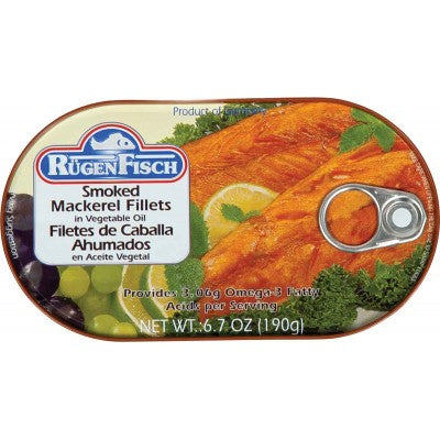 Ruegenfisch Smoked Mackerel Fish Fillet in Vegetable Oil and own Juice - German Specialty Imports llc