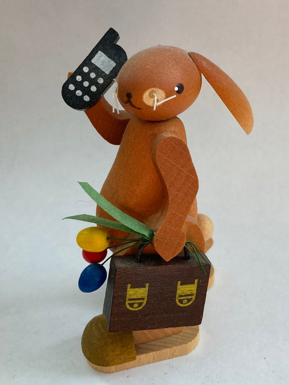 Hand Made Ore Mountain Easter Bunny with Cell phone and briefcase and tulips - German Specialty Imports llc