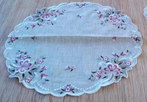Linen Light Purple Flower Scalloped  Embroidered Doily in different sizes - German Specialty Imports llc