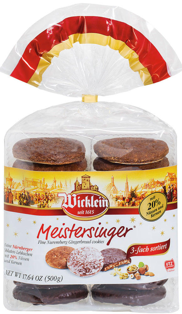 296081 Wicklein  Meistersinger Assorted   clear Glazed Gingerbread Oblaten Cookies 20 % Nuts 17.6 oz - German Specialty Imports llc