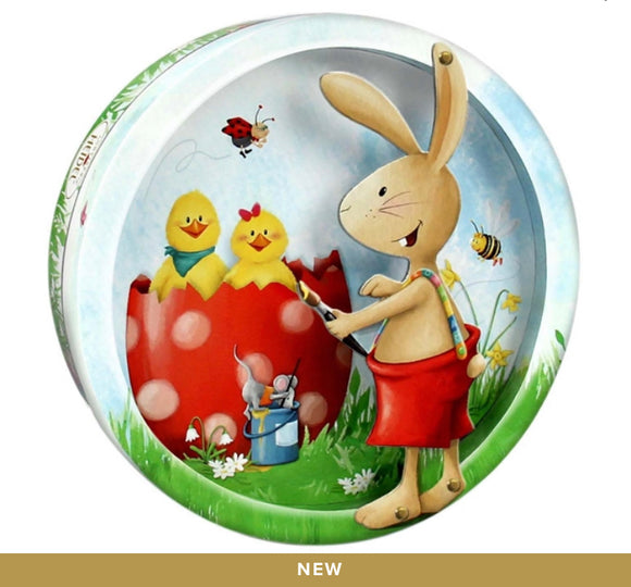Confiserie Heidel Chocolate Filled Easter Greetings 3D Round Bunny Tin - German Specialty Imports llc