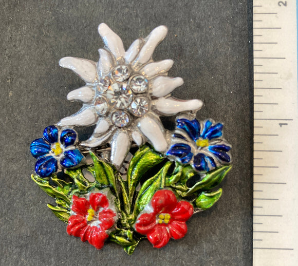 Pewter Hat Pin / Brooch Edelweiss Gentian and Alpine Rose - German Specialty Imports llc