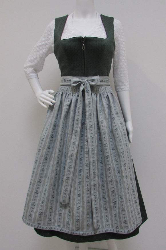 41785/7  Country Line Festive Dark Green Dirndl with Zipper and matching beautiful grey pattern apron - German Specialty Imports llc