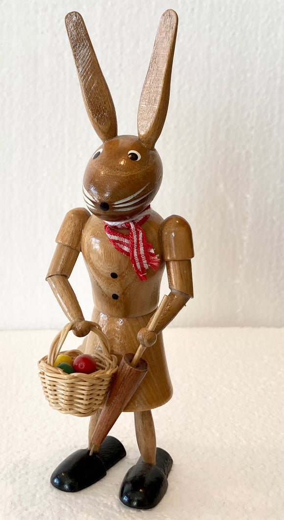 Ore mountain Hand made Wooden Easter Bunny Woman with Basket and umbrella - German Specialty Imports llc