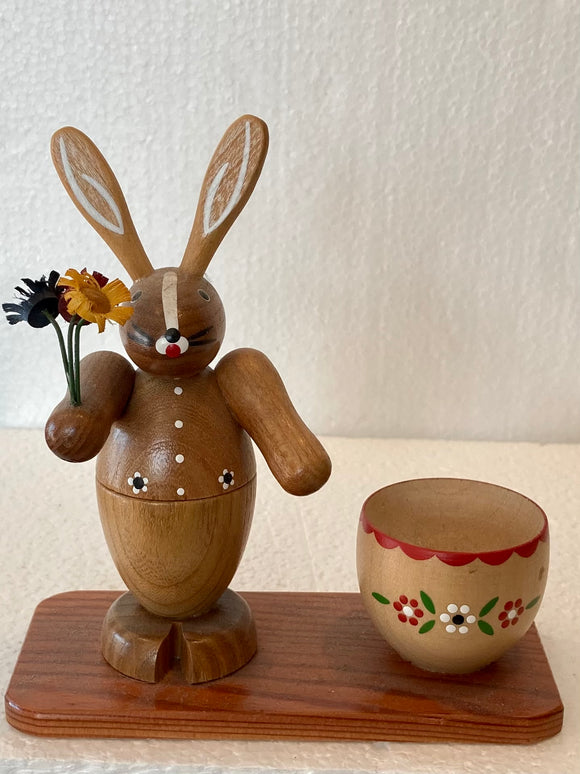 Ore Mountain Egg Holder Wooden Natural Easter Bunny with Flower Bouquet - German Specialty Imports llc