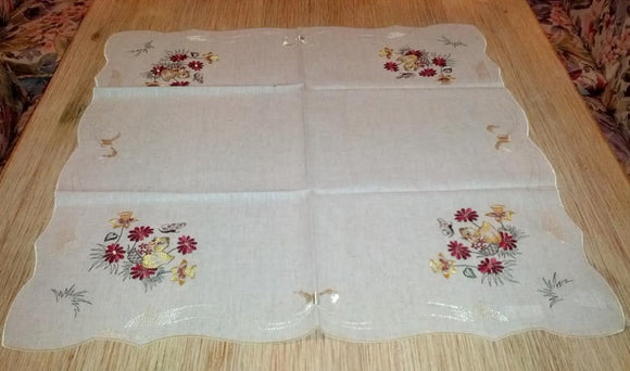 Embroidered  Chicken in Flowers  Rustic Square Table linen - German Specialty Imports llc