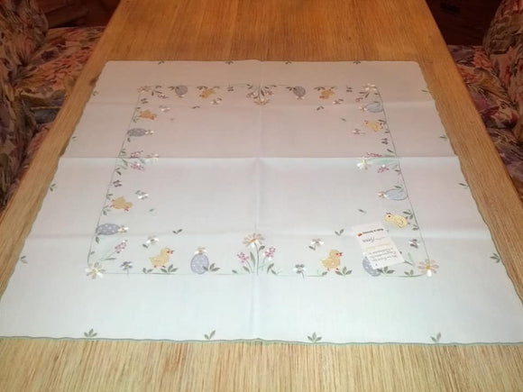 Embroidered Easter  Square  Table linen with Pastel Chickens , Flowers and Easter Eggs - German Specialty Imports llc