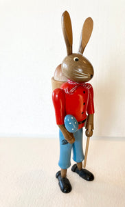 Tall Ore Mountain Painted  Hand made Wooden Easter Bunny Hiker Basket on Back - German Specialty Imports llc
