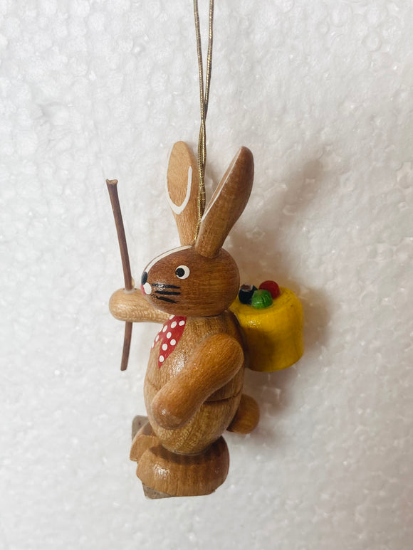 Hand Made and Painted Wooden Easter Bunny Hiker with Stick and Basket Ornament - German Specialty Imports llc