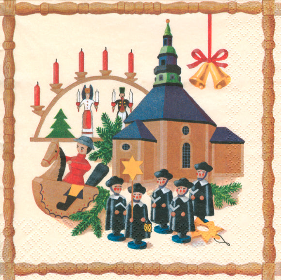 Seiffener Church with Light Arch, Nutcracker  on Rocking Horse and Choir singers Christmas Napkins - German Specialty Imports llc