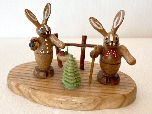Small Ore Mountain Wooden Natural Easter Bunny with Flower Bouquet and Hiking Stick - German Specialty Imports llc