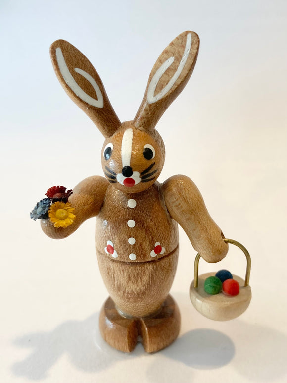 Mini Ore Mountain Hand Made Wooden Male  Easter Bunny with Egg Basket and Flower Bouquet - German Specialty Imports llc