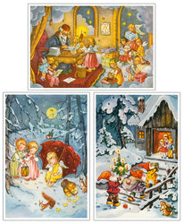 124989 Glitter Advents Calendar Card with Envelope  Gnomes bringing Tree and gifts to children - German Specialty Imports llc