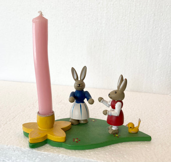 Small Candle Holder Ore Mountain Painted Easter Bunny Girls - German Specialty Imports llc