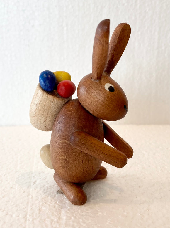 Ore Mountain handmade dark wooden Easter Bunny with Easter Egg Basket on Back - German Specialty Imports llc