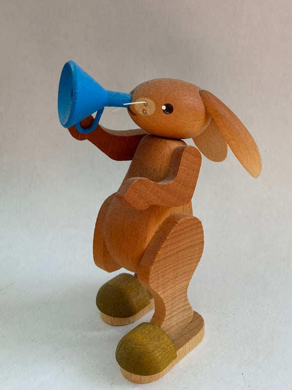 Hand Made Ore Mountain Easter Bunny with Blue trumpet - German Specialty Imports llc