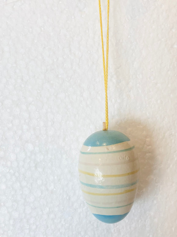 Hand Made and Painted Wooden Easter Egg Ornament - stripes blue white - German Specialty Imports llc